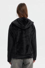 Polar mujer abierto plush negro sin estampa con capucha y cierre frontal estilo casual y relajado