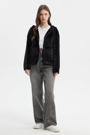 Polar mujer abierto plush negro sin estampa con capucha y cierre frontal estilo casual y relajado