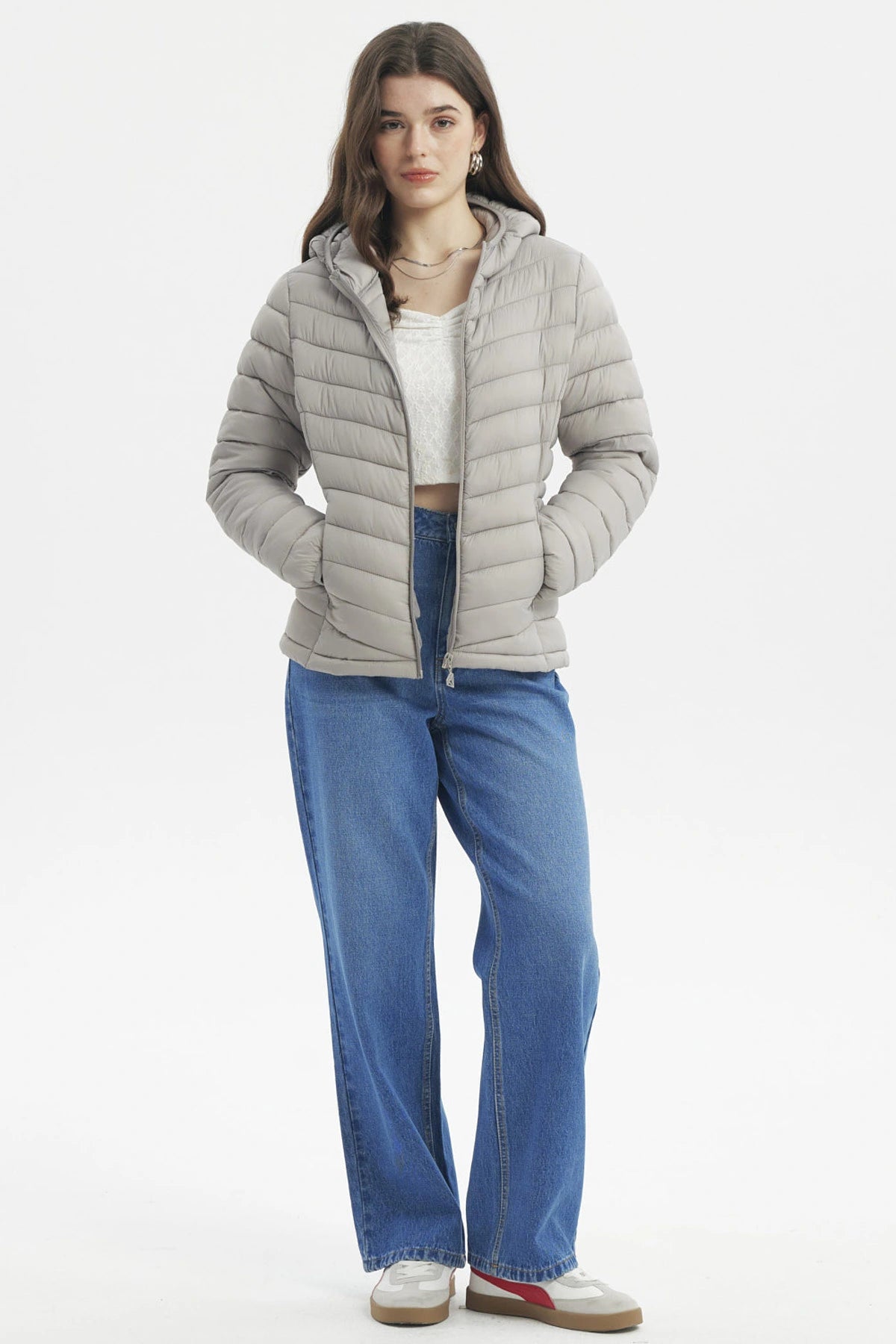 Parka Mujer Corta Plummy Cortes Gris