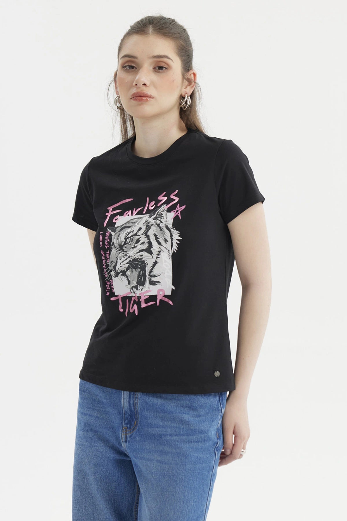 Polera Mujer Básica Negro / Fucsia