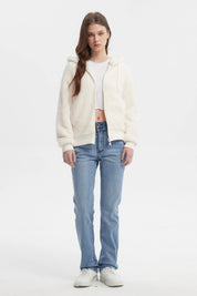 Polar mujer crema con capucha tejido peludo diseño liso estilo casual cierre frontal cremallera y bolsillos laterales