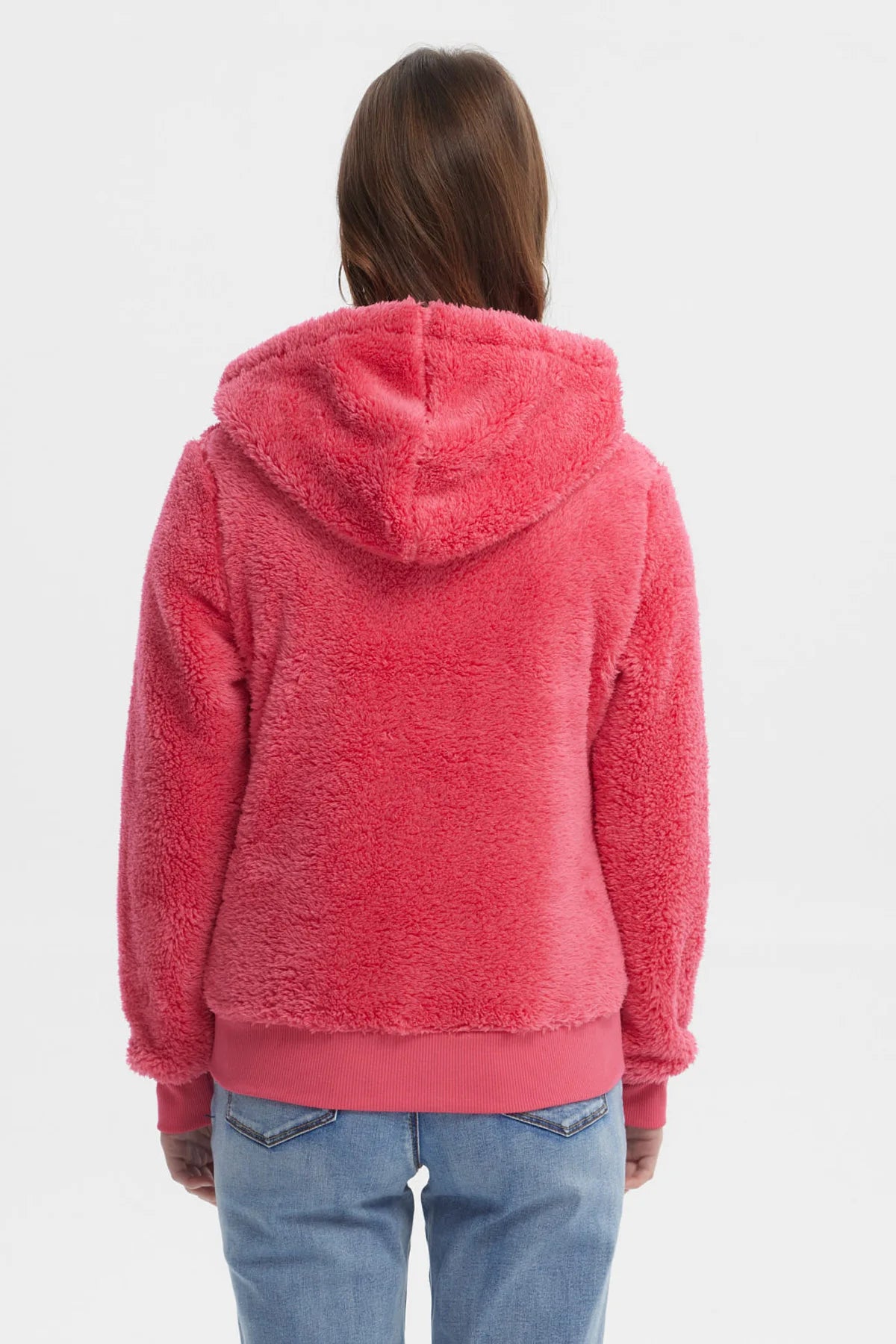 Polar mujer fucsia con capucha y cierre completo textura peluda lisa casual