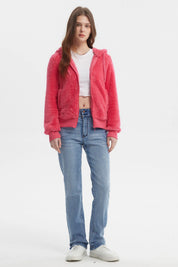 Polar mujer fucsia con capucha y cierre completo textura peluda lisa casual