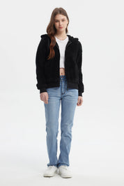 Polar negro para mujer con capucha textura peluda sin estampa diseño liso ideal para el frío estilo casual