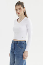 Polera mujer blanca lisa manga larga ajustada escote en V sin estampas