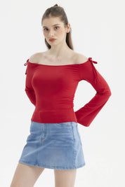 Polera roja mujer hombros descubiertos lazo en mangas lisa