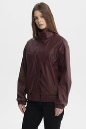 Chaqueta Mujer Oversize Efecto Cuero Vino Oscuro