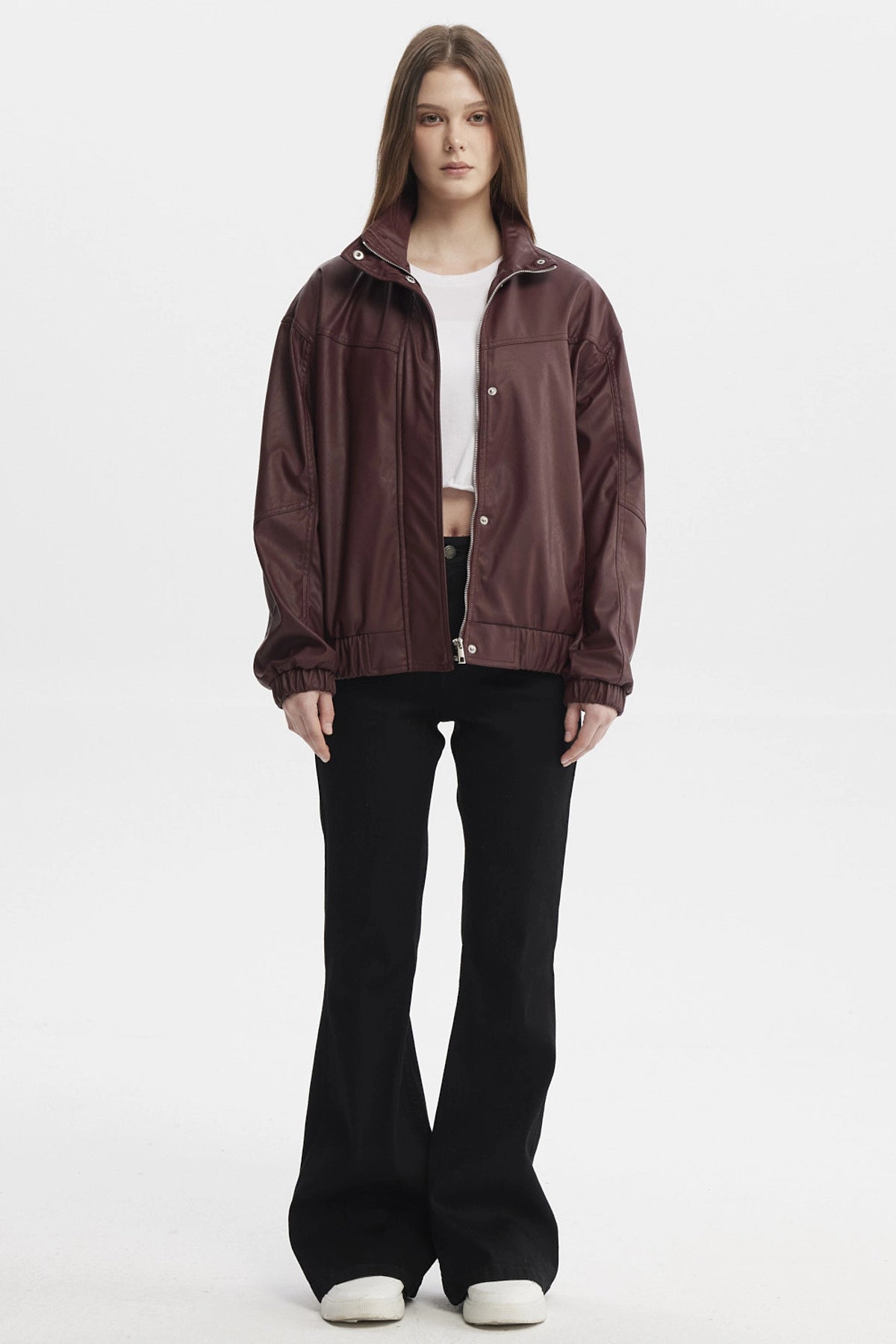 Chaqueta Mujer Oversize Efecto Cuero Vino Oscuro