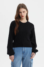 Sweater negro tejido juvenil para mujer con diseño de trenzas verticales sin estampa visible