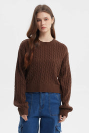 Sweater tejido juvenil café oscuro con diseño de trenzas verticales en toda la prenda lisa de estilo casual