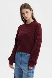 Sweater juvenil rojo tejido con patrón de trenzas verticales sin estampa diseño clásico y cómodo para invierno