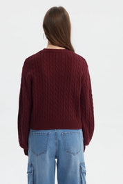 Sweater juvenil rojo tejido con patrón de trenzas verticales sin estampa diseño clásico y cómodo para invierno