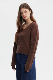 Sweater de mujer café oscuro con cuello en V tejido trenzado manga larga y diseño liso ideal para el invierno