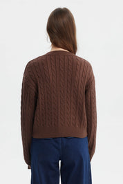 Sweater de mujer café oscuro con cuello en V tejido trenzado manga larga y diseño liso ideal para el invierno