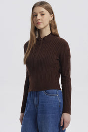 Sweater Mujer Cuello Con Cierre Café Oscuro