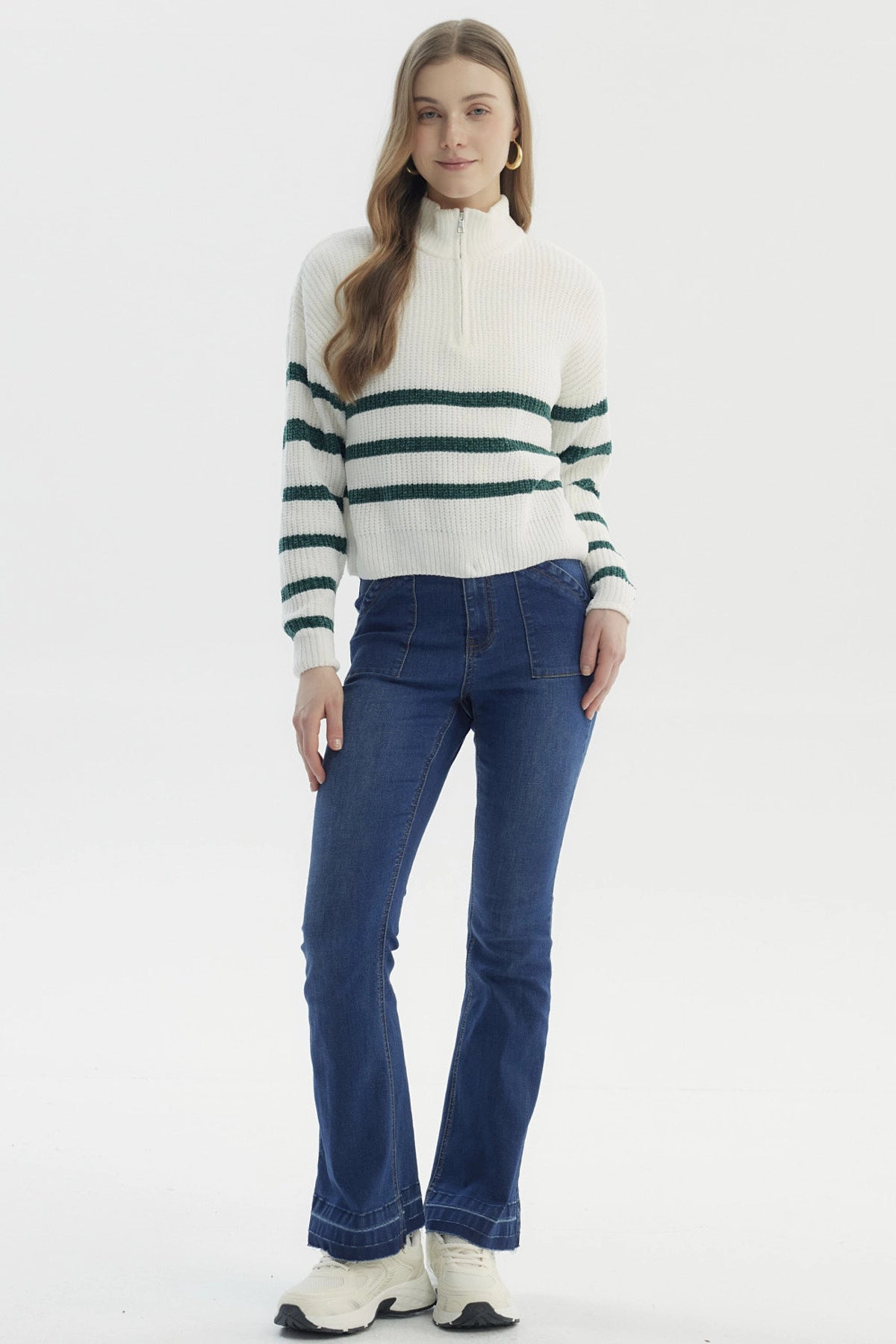 Sweater Mujer Half Zipper Crudo/Verde