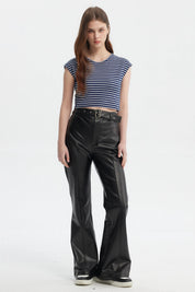 Pantalón Mujer Flare Efecto Cuero Negro