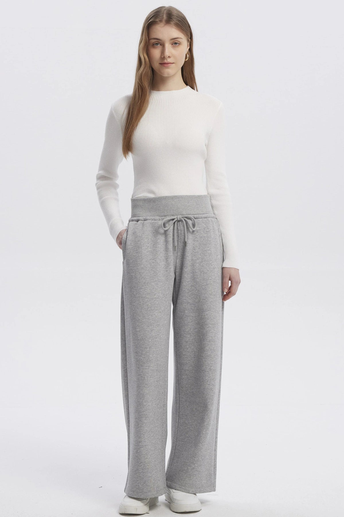 Pantalón Buzo Mujer Wide Leg Gris Melange