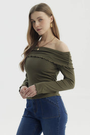 Polera Mujer Asimétrica Hombro Verde Militar