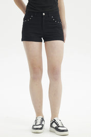 Short Mujer Aplicación Rivets Bolsillo Negro