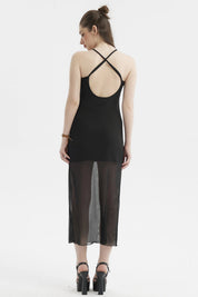 Vestido largo negro de pabilo con falda transparente y abertura central sin estampa