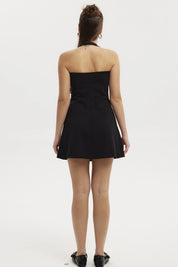 Vestido negro halter mujer con apliques metálicos en escote diseño liso sin estampado