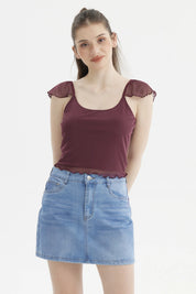 Polera Mujer Manga Vuelos Escote Cuadrado Burdeo