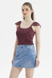Polera Mujer Manga Vuelos Escote Cuadrado Burdeo