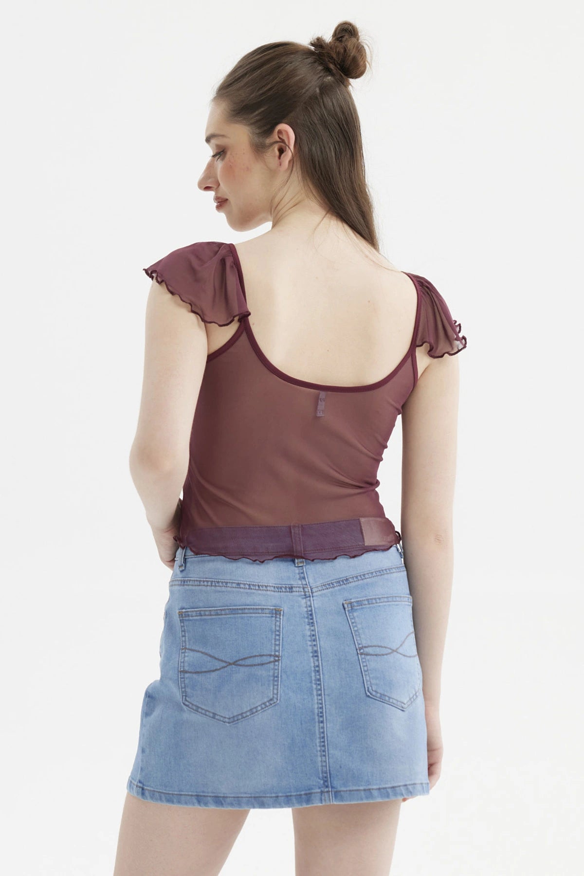 Polera Mujer Manga Vuelos Escote Cuadrado Burdeo