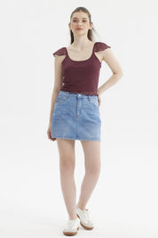 Polera Mujer Manga Vuelos Escote Cuadrado Burdeo