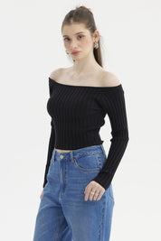 Sweater Mujer Bardot Crop Negro