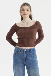 Sweater Mujer Bardot Crop Café Oscuro