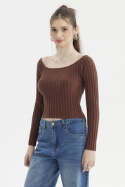 Sweater Mujer Bardot Crop Café Oscuro