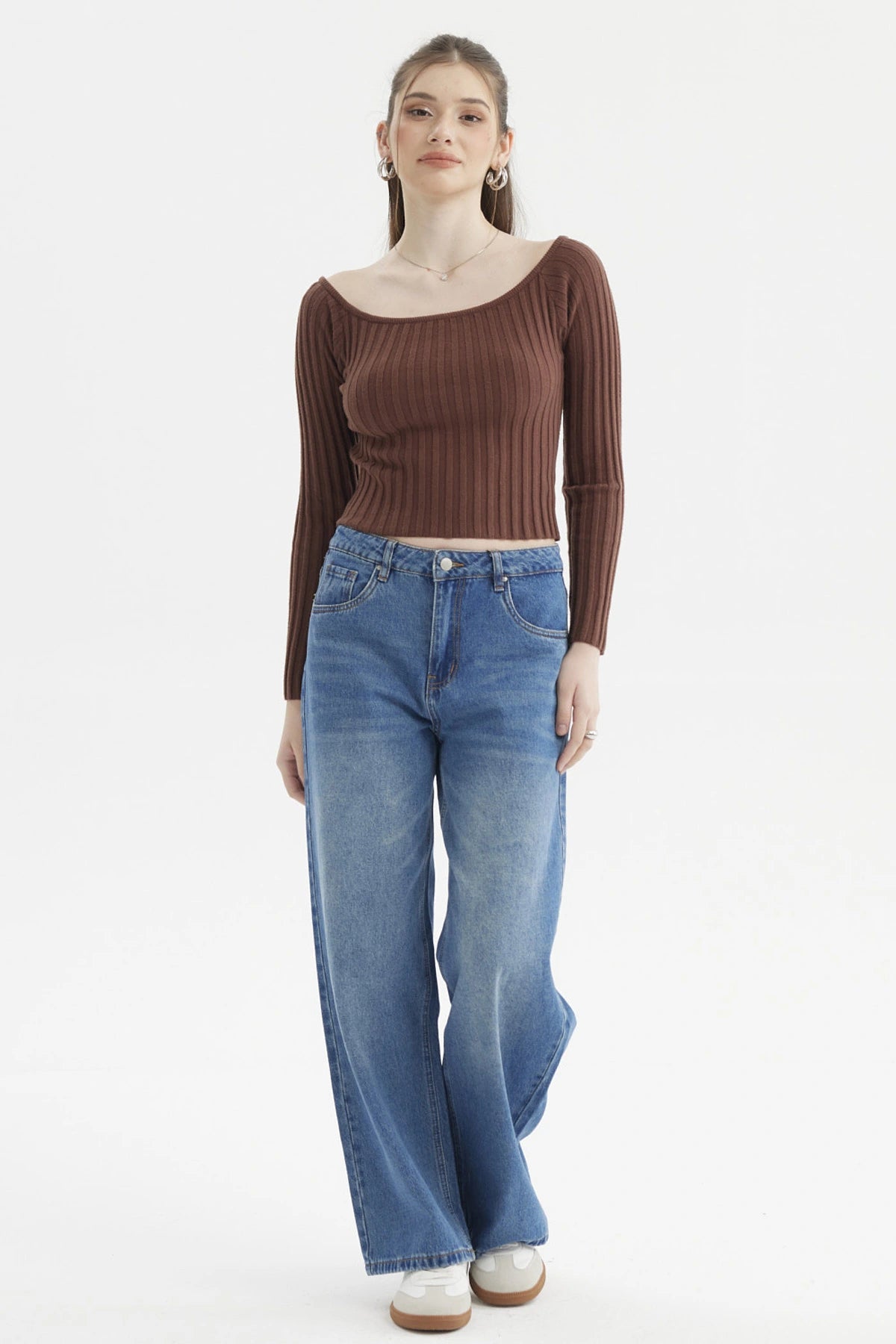 Sweater Mujer Bardot Crop Café Oscuro