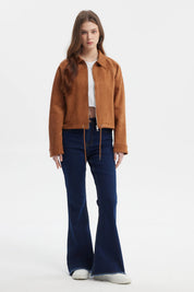 Chaqueta slim camel para mujer con cuello camisero y cierre frontal lisa sin estampa