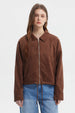 Chaqueta slim café oscuro con cuello camisero y cierre metálico liso perfecta para un estilo casual urbano