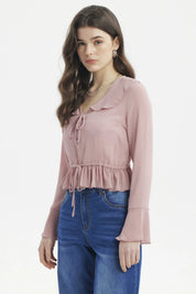 Blusa slim flare palo rosa de manga larga con volante en el escote y ajuste en la cintura lisa elegante y femenina