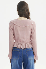 Blusa slim flare palo rosa de manga larga con volante en el escote y ajuste en la cintura lisa elegante y femenina