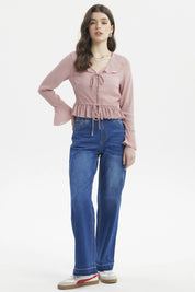 Blusa slim flare palo rosa de manga larga con volante en el escote y ajuste en la cintura lisa elegante y femenina