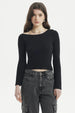 Sweater ajustado negro de mujer sin estampa de manga larga con cuello asimétrico tejido visible estilo casual