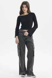 Sweater ajustado negro de mujer sin estampa de manga larga con cuello asimétrico tejido visible estilo casual