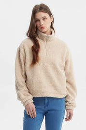 Polar mujer beige oscuro con cuello camisero y textura de felpa sin estampa lisa acogedora para invierno