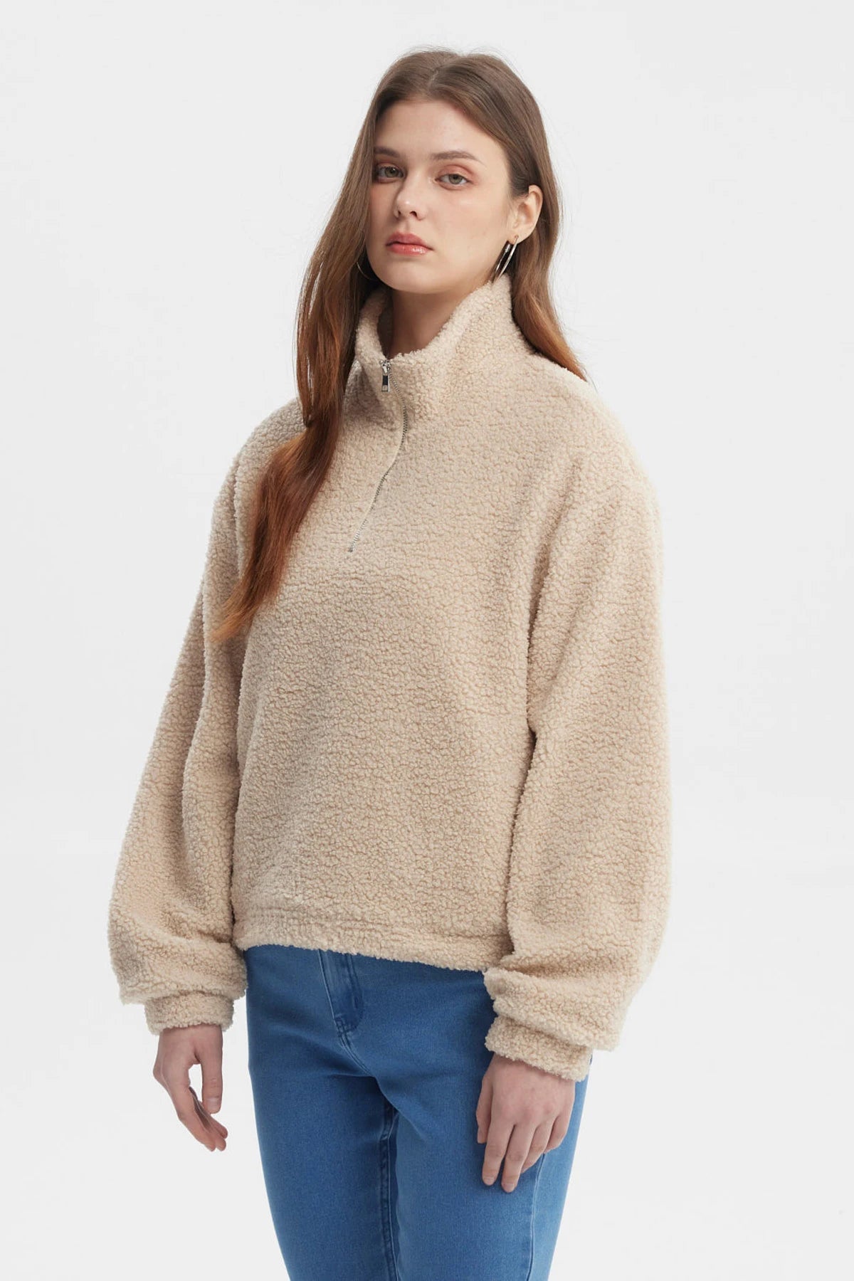 Polar mujer beige oscuro con cuello camisero y textura de felpa sin estampa lisa acogedora para invierno