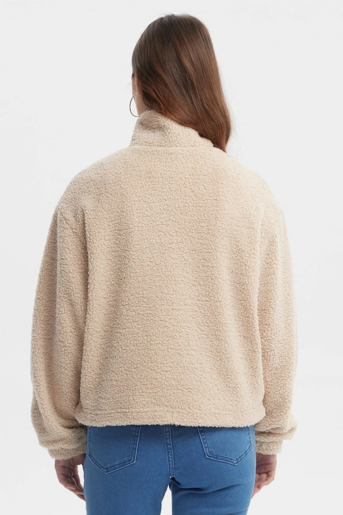 Polar mujer beige oscuro con cuello camisero y textura de felpa sin estampa lisa acogedora para invierno
