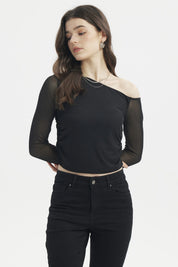Polera asimétrica negra para mujer con mangas largas transparentes diseño liso elegante ideal para ocasiones especiales