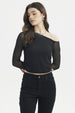 Polera asimétrica negra para mujer con mangas largas transparentes diseño liso elegante ideal para ocasiones especiales
