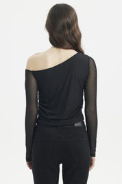 Polera asimétrica negra para mujer con mangas largas transparentes diseño liso elegante ideal para ocasiones especiales