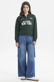 Polerón Mujer Slim Half Zipper Verde Oscuro