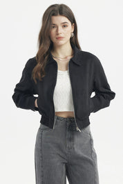 Chaqueta bomber de gamuza negra para mujer con diseño liso cierre frontal y puños elásticos estilo casual