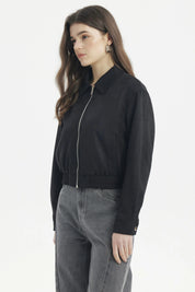 Chaqueta bomber de gamuza negra para mujer con diseño liso cierre frontal y puños elásticos estilo casual